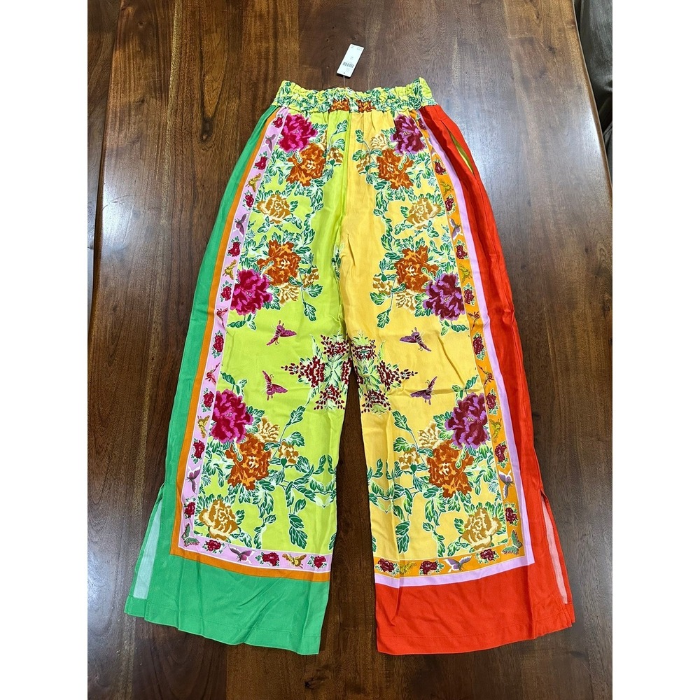 Anthropologie Floral Scarf Print Wide Leg Pants Smocked Waist Multi XS New - Picture 2 of 9